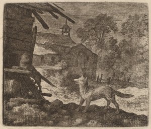 O gato entra no celeiro enquanto Reynard observa, provavelmente c. 16451656. de Allart van Everdingen