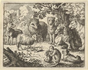 O macaco abre o pacote e remove a cabeça do coelho para a grande surpresa do..., 1650-75. de Allart van Everdingen