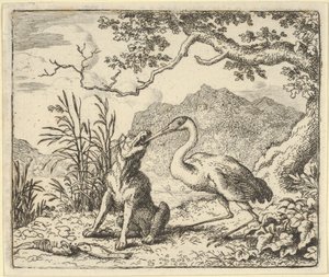 A cegonha remove um osso da garganta do lobo de Renard The F..., de Hendrick van Alcmar, 1650-75. de Allart van Everdingen