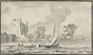 Três barcos em um rio com ruínas ao longo da costa de Allart van Everdingen
