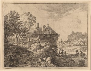 Dois barcos se aproximando de uma cabana, provavelmente c. 16451656. de Allart van Everdingen