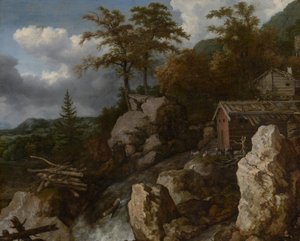 Cascata com cabanas de madeira, c.1665-1670 (óleo sobre tela)