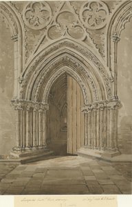 Catedral de Lichfield - entrada oeste: desenho em sépia vermelho - marrom, 27 de agosto de 1842