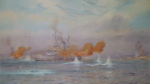 HMS Albion comandado pelo capitão A. Walker-Heneage completando a destruição dos fortes exteriores dos Dardanelos em 1915, 1925
