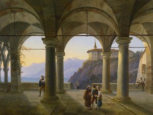 Terraço da coluna com equipe figural e vista para um lago na montanha de Alois Gustav Schulz