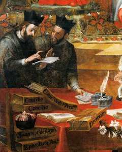 Discussão entre dois jesuítas, detalhe de São Raimundo de Penafort, conselheiro do Papa Gregório IX, de Alonso Antonio Villamor (1661-1729). Do Convento de St Steven, Salamanca, Espanha.