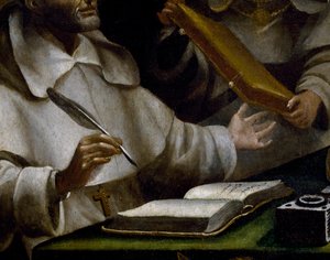As mãos de São Alberto como ele escreve, detalhe de São Paulo aparecendo a São Alberto o Grande e São Tomás de Aquino, pintura de Alonso Antonio Villamor (1661-1729), detalhe