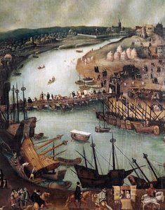 A Cidade de Sevilha. Detalhe do porto e actividades comerciais (pintura, final do século XVI)