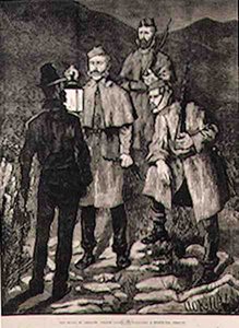 O Estado da Irlanda: Patrulha da Polícia Desafiando uma Pessoa Suspeita, de The Illustrated London News, 8 de junho de 1881 de Aloysius C. OKelly