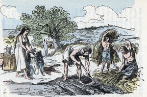 O quotidiano na Pré-história: cena do trabalho agrícola na era da gravura em ferro de "La nature et l