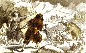 Pré-história - caça à traça. Período glaciar: A criação natural e os seres vivos. Desenho de A. Demarle. 1885