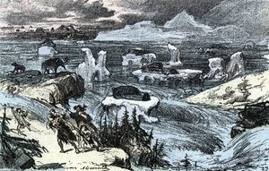 Pré-história; inundações na Europa Central no final da Idade do Gelo Gravura da "Natureza e o Homem" de Rengade 1881 Colecção privada de Alphonse Demarle