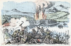 Pré-história: cena de guerra no início da idade do ferro, fogo dos assentamentos de stilt house (casa de pernilongos) Gravação de "La nature et l