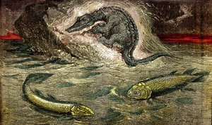 Transição dos peixes para os répteis: Proteossauro (em cima) réptil a partir de peixe, período do carvão. O Holoptychius em baixo à esquerda, e L