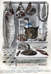 Vista de um fiambre A meio porco (um presunto b aloyau c lados e peito) B presunto fresco C presunto D salsichas e cerevelas F hure G mortadelle de bologna H presunto I queijo de porco K patas de porco L língua recheada M andouillette N boudin) (delicatess de Alphonse Demarle