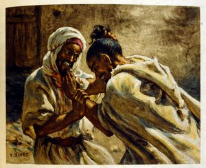 Ilustração de Dinet de "Mirages" Cenas da vida árabe. 1906. Mirages, Scenes De La Vie Arab foi ilustrado por Etienne Dinet com comentários de Silman Ben Ibrahim Bamer. Nasreddine Dinet nasceu como Alphonse-Etienne Dinet; (1861-1929) foi um francês de Alphonse Etienne Dinet