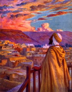Muezzin chamando os fiéis à oração numa aldeia no deserto. por Nasreddine Dinet (Alphonse-Étienne Dinet). 1861 1929. um pintor orientalista francês 1918 de Alphonse Etienne Dinet