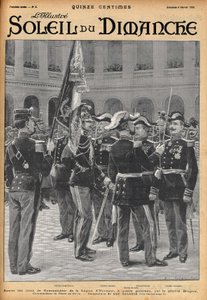 Apresentação das cruzes do comandante da Legião de Honra a quatro generais (Gosse Dubois, General Colonna, General Toulza, General Dalstein) pelo General Brugere. Gravação por Lalauze para a de "Le Soleil-du-Dimanche" em fevereiro de 1900.