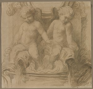 Fonte com golfinhos de equitação Putti, última metade do século XIX. de Alphonse Legros