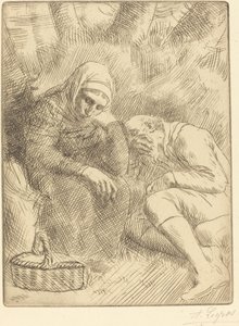 Homem e mulher sentados à beira da estrada com uma cesta Homme et femme assis au bord... de Alphonse Legros