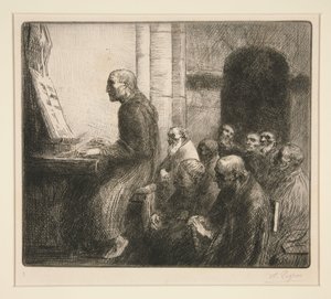 Monge a tocar órgão numa igreja de Alphonse Legros