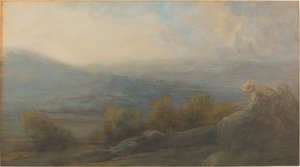 Paisagem de montanha com duas figuras à direita de Alphonse Legros