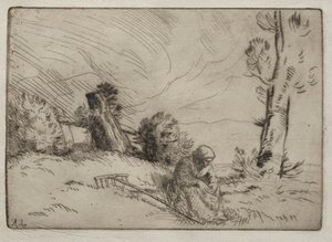 Mulher camponesa sentada perto de uma cerca viva de Alphonse Legros