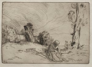 Camponesa sentada perto de uma cerca. de Alphonse Legros