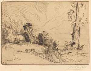 Mulher camponesa sentada perto de uma cerca viva de Alphonse Legros