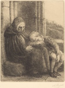 Mulher sentada contra uma parede, criança com a cabeça no colo Femme assise, muraille.... de Alphonse Legros