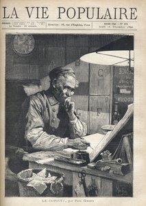 Um copyist concentrado a trabalhar no seu escritório. Ilustração de Alfons Maria Mucha (Alphonse Marie Mucha de Alphonse Mucha