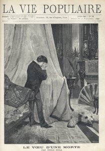 Um homem explora, escondendo as suas lágrimas e o seu rosto num lenço, de pé atrás da copa de uma cama, num quarto ricamente decorado, com pele de urso, almofadas bordadas, leque e vários vasos e candelabros. Ilustração de Alfons Maria Mucha (Alphonse Mar de Alphonse Mucha