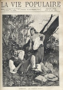 Uma mulher jovem, decoiffee, desnuda, peito aparente, inclina-se com confiança e divertimento para um pintor deitado, dormindo no meio da natureza, casaco, chapéu, material e cachimbo de sparpilles no chão. Ilustração de Alfons Maria Mucha (Alphonse Marie  de Alphonse Mucha