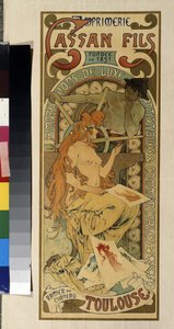 Cartaz publicitário para a tipografia ""Cassan Fils, impressão de luxo, artística e comercial"" em Toulouse. Pôster de Alfons Maria Mucha (Alphonse Marie Mucha de Alphonse Marie Mucha