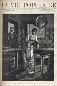 Uma mulher elegante depila um sapato na cozinha de uma casa. Um homem abre a porta atrás dela. Ilustração de Alfons Maria Mucha (Alphonse Marie Mucha de Alphonse Mucha