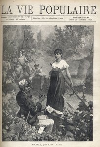 Um velho lê uma carta para um belo jovem camponês segurando uma falsa (ceifeiro). Os caçadores estão a observar a cena ao longe. Ilustração de Alfons Maria Mucha (Alphonse Marie Mucha de Alphonse Mucha