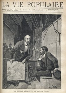 Atrás do palco de um teatro, lotado de adereços e cenários, os atores saindo do palco, um homem entre duas idades se dirige a um jovem sentado, pensativo, enquanto acena um lençol, a fim de fazê-lo vibrar para produzir o som da tempestade. de Alphonse Mucha