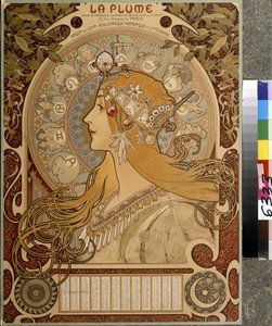 Calendário ""La Plume"", revista bimestral ilustrada do Salon des Cent. Biblioteca artística e literária. Obra de Alfons Maria Mucha (Alphonse Marie Mucha de Alphonse Marie Mucha