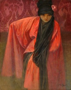 Menina em Vermelho par Mucha, Alfons Marie (1860-1939), c. 1914 - Tempera sobre tela, 60,5x47 - Coleção Particular de Alphonse Mucha