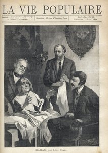Em uma sala de estar, uma mulher idosa sentada com a cabeça segurada por um médico, segurando as mãos abertas na sua frente, espera por um segundo médico, de pé ao seu lado, limpando um instrumento com um pano branco, para operá-la a partir da catarata. Se de Alphonse Mucha