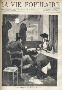 Em um restaurante, um homem e uma mulher estão separados e jantam. O rapaz de serviço está agachado perto do homem, instalando um tijolo quente debaixo dos seus pés. Ilustração de Alfons Maria Mucha (Alphonse Marie Mucha de Alphonse Mucha