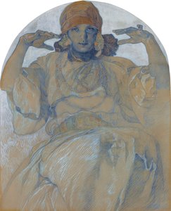 "Retrato da filha do artista, Jaroslava Muchova (1909-1986) Pintura de Alphons Mucha (1860-1939) - cerca de 1924 Dim 51x41 cm Coleção Particular de Alphonse Mucha