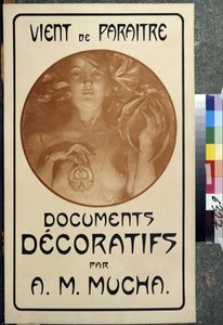 Anúncio para a monografia "Documentos Decorativos de A. M. Mucha. Cartaz de Alfons Maria Mucha (Alphonse Marie Mucha de Alphonse Marie Mucha
