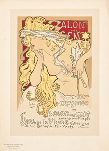 Reprodução de um cartaz publicitário da Salon des Cent Exposition no Hall de la Plume, 1896
