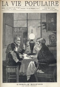 Cena da vida familiar: ao redor da mesa de jantar, uma família é reunida, iluminada por uma lâmpada de óleo e escuta atentamente um tio visitante, com os olhos brilhantes e as mãos marcando os destaques da sua história. Ilustração de Alfons Maria Mucha (Al de Alphonse Mucha