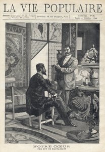 Dois homens, um sentado e o outro em pé, de frente um para o outro, estão em plena conversa, fumando cigarros em uma sala ricamente decorada (vitrais, móveis, objetos de arte). Ilustração de Alfons Maria Mucha (Alphonse Marie Mucha de Alphonse Mucha