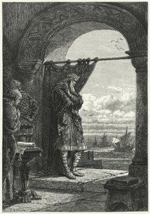 Carlos Magno observando ansiosamente a aproximação de navios que transportam os Raiders Normandos (gravura) de Alphonse Marie de (after) Neuville