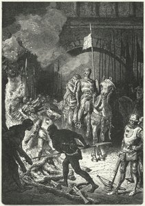 El Cid, acompanhado pela sua esposa Dona Jimena, supervisiona a construção da pira funerária de Ahmed, rei mouro de Valência.