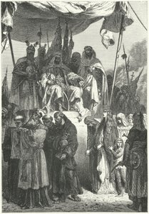 Saladino a ver os cristãos capturados a passar depois da sua captura de Jerusalém de Alphonse Marie de (after) Neuville