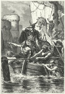A frota normanda que ataca Paris, 885 (gravura) de Alphonse Marie de (after) Neuville